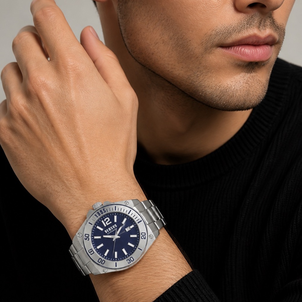 Versus Versace Silver Stainless Steel Watch with Deep Blue Dial
